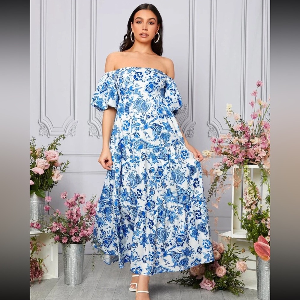 Blue floral print maternity dress